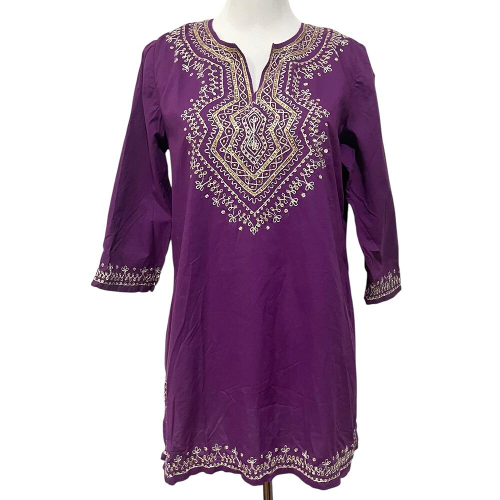 Chicos Womens Sz L (2) Embroidered Tunic Top Lightweight Cotton Shirt Side Slits